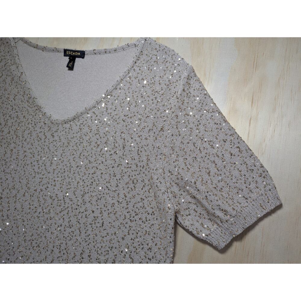 Escada Sagira Top Large Silk Cotton Sequin Knit Short Sleeve Blouse Beige Italy - Picture 4 of 16
